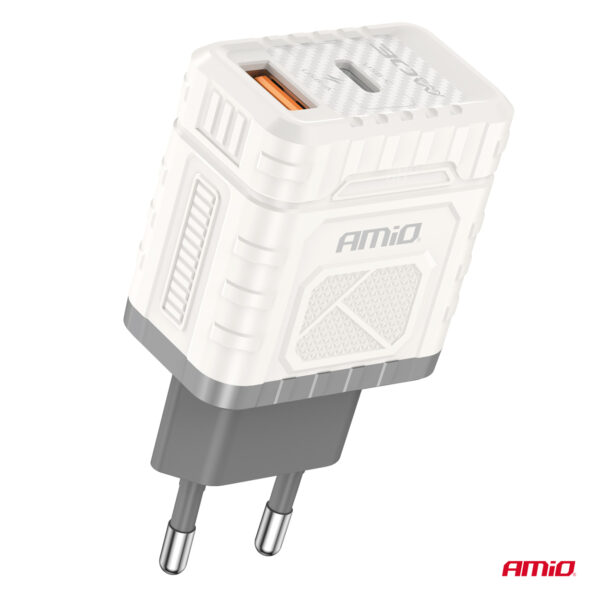 ΦΟΡΤΙΣΤΗΣ ΜΕ ΟΙΚΙΑΚΗ ΠΡΙΖΑ ΜΕ 2 ΘΥΡΕΣ USB-A+USB-C 30W 100-240V ΛΕΥΚΟ AMIO - 1 Τεμ. - Image 2