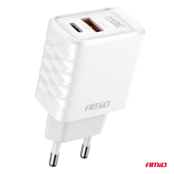 ΦΟΡΤΙΣΤΗΣ ΜΕ ΟΙΚΙΑΚΗ ΠΡΙΖΑ ΜΕ 2 ΘΥΡΕΣ USB-A+USB-C 38W 100-240V ΛΕΥΚΟ AMIO - 1 Τεμ. - Image 2