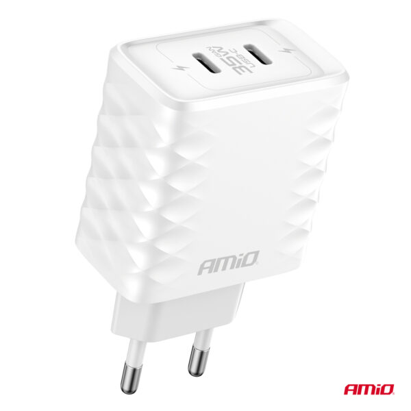 ΦΟΡΤΙΣΤΗΣ ΜΕ ΟΙΚΙΑΚΗ ΠΡΙΖΑ ΜΕ 2 ΘΥΡΕΣ 2xUSB-C 35W 100-240V ΛΕΥΚΟ AMIO - 1 Τεμ. - Image 2