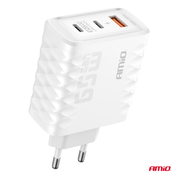 ΦΟΡΤΙΣΤΗΣ ΜΕ ΟΙΚΙΑΚΗ ΠΡΙΖΑ ΜΕ 3 ΘΥΡΕΣ 2xUSB-C+USB-A 65W 100-240V ΛΕΥΚΟ AMIO - 1 Τεμ. - Image 2