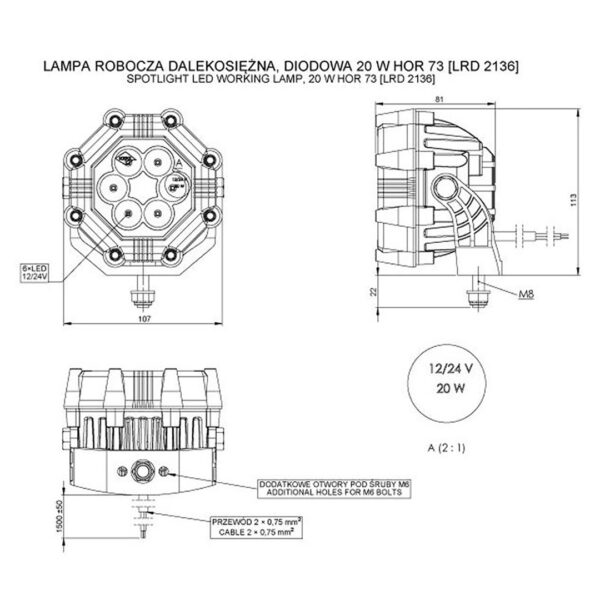 ΠΡΟΒΟΛΕΑΣ ΕΡΓΑΣΙΑΣ (ΣΠΟΤ) 12/24V HOR73 20W 1800lm 6LED 8ΓΩΝΟΣ 107x81mm - Image 2