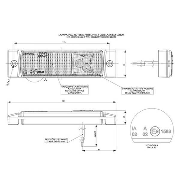 ΦΩΣ ΟΓΚΟΥ ΑΝΑΚΛΑΣΤΙΚΟ LD127 12/24V 3LED HORPOL ΛΕΥΚΟ 13 x 3 cm -1ΤΕΜ. - Image 2