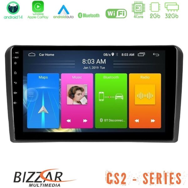 Bizzar CS2 Series 4Core Android14 2+32GB Audi A3 8P Navigation Multimedia Tablet 9" Με Carplay & Android Auto