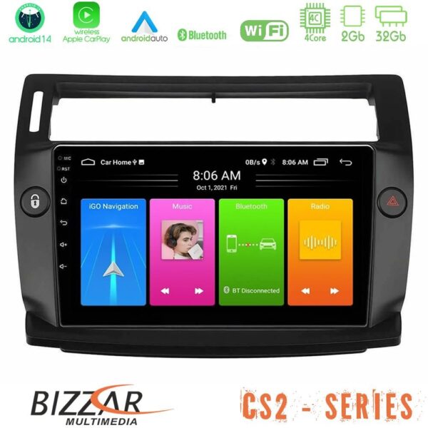 Bizzar CS2 Series 4Core Android14 2+32GB Citroen C4 2004-2010 Navigation Multimedia Tablet 9" (μαύρο χρώμα) Με Carplay & Android Auto