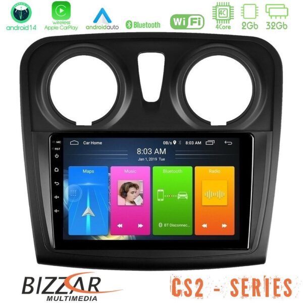 Bizzar CS2 Series 4Core Android14 2+32GB Dacia Dokker 2014-2021 Navigation Multimedia Tablet 9" Με Carplay & Android Auto