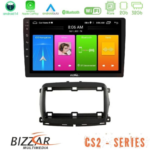 Bizzar CS2 Series 4Core Android14 2+32GB Fiat 500 2016> Navigation Multimedia Tablet 9" Με Carplay & Android Auto