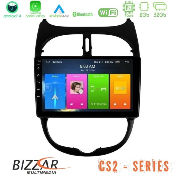 Bizzar CS2 Series 4Core Android14 2+32GB Peugeot 206 Navigation Multimedia Tablet 9" Με Carplay & Android Auto