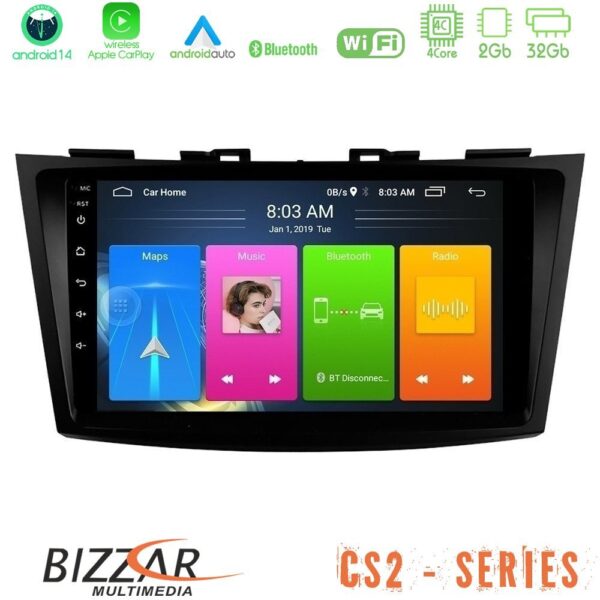 Bizzar CS2 Series 4Core Android14 2+32GB Suzuki Swift 2011-2016 Navigation Multimedia Tablet 9" Με Carplay & Android Auto