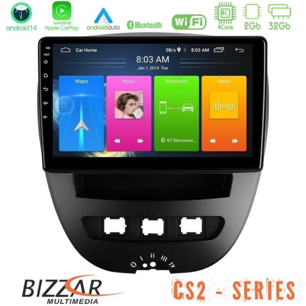 Bizzar CS2 Series 4Core Android14 2+32GB Toyota Aygo/Citroen C1/Peugeot 107 Navigation Multimedia Tablet 10" Με Carplay & Android Auto