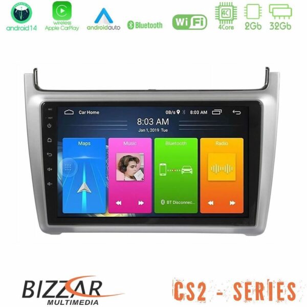 Bizzar CS2 Series 4Core Android14 2+32GB Vw Polo 2014-2017 Navigation Multimedia Tablet 9" Με Carplay & Android Auto (Silver)