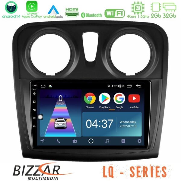 Bizzar LQ Series 4Core Android14 2+32GB Dacia Sandero/Dokker 2014-2020 Navigation Multimedia Tablet 9" Με Carplay & Android Auto