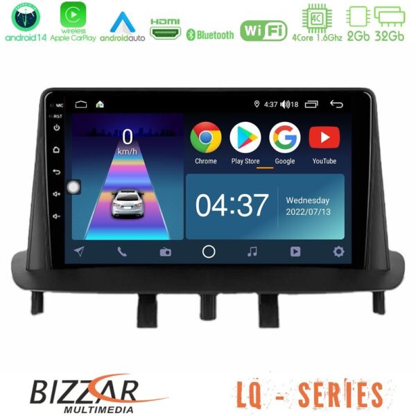 Bizzar LQ Series 4Core Android14 2+32GB Renault Megane 3 2009-2013 Navigation Multimedia Tablet 9" Με Carplay & Android Auto