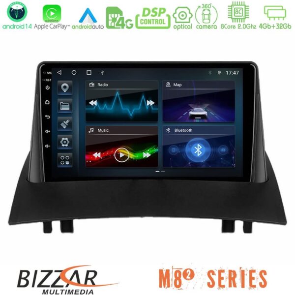 Bizzar M8² Series 8Core Android14 4+32GB Renault Megane 2 2002-2008 Navigation Multimedia Tablet 9" Με Carplay & Android Auto