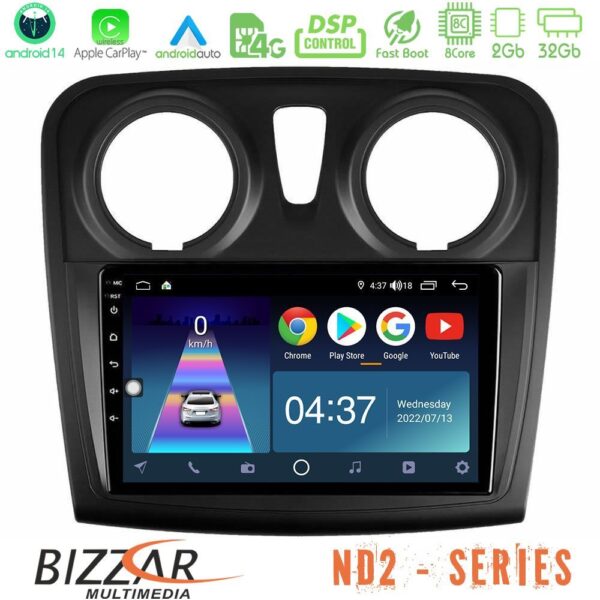 Bizzar ND2 Series 8Core Android14 2+32GB Dacia Dokker 2014-2021 Navigation Multimedia Tablet 9" Με Carplay & Android Auto