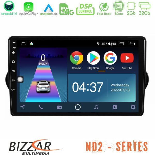 Bizzar ND2 Series 8Core Android14 2+32GB Fiat Tipo 2015-2022 (Sedan) Navigation Multimedia Tablet 9" Με Carplay & Android Auto