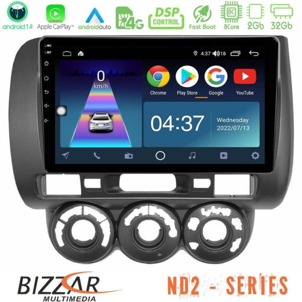 Bizzar ND2 Series 8Core Android14 2+32GB Honda Jazz 2002-2008 (Manual A/C) Navigation Multimedia Tablet 9" Με Carplay & Android Auto