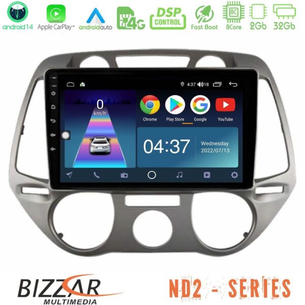 Bizzar ND2 Series 8Core Android14 2+32GB Hyundai i20 2009-2012 Manual A/C Navigation Multimedia Tablet 9" Με Carplay & Android Auto