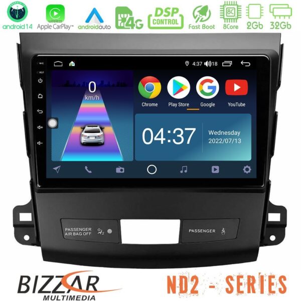 Bizzar ND2 Series 8Core Android14 2+32GB Mitsubishi Outlander/Citroen C-Crosser/Peugeot 4007 Navigation Multimedia Tablet 9" Με Carplay & Android Auto