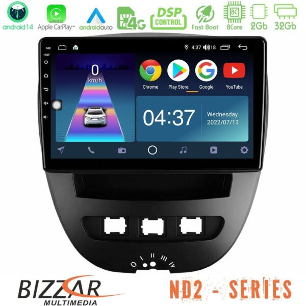 Bizzar ND2 Series 8Core Android14 2+32GB Toyota Aygo/Citroen C1/Peugeot 107 Navigation Multimedia Tablet 10" Με Carplay & Android Auto