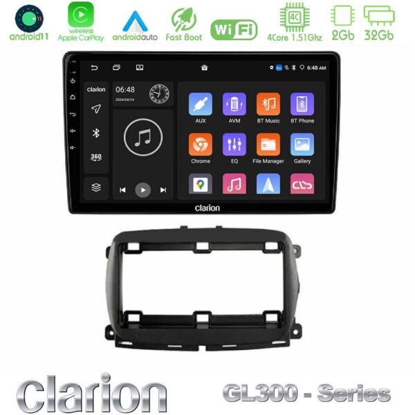 Clarion GL300 Series 4Core Android11 2+32GB Fiat 500 2016> Navigation Multimedia Tablet 9" Με Carplay & Android Auto