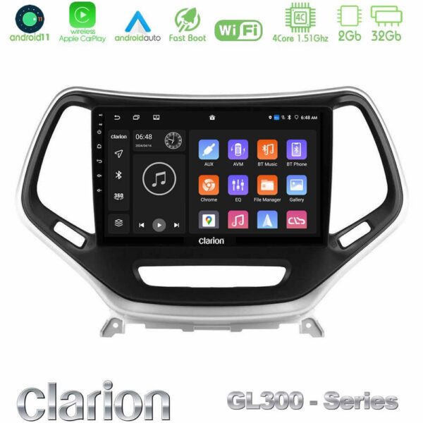 Clarion GL300 Series 4Core Android11 2+32GB Jeep Cherokee 2014-2019 Navigation Multimedia Tablet 9" (Ασημί Χρώμα) Με Carplay & Android Auto