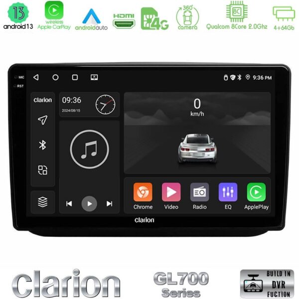Clarion GL700 Series 8Core Android13 4+64GB Skoda Fabia 2007-2014 Navigation Multimedia Tablet 10" Με Carplay & Android Auto