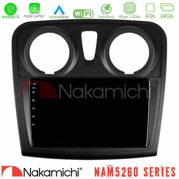 Nakamichi NAM5260 Series 4Core Android12 4+64GB Dacia Sandero/Dokker 2014-2020 Navigation Multimedia Tablet 9" Με Carplay & Android Auto