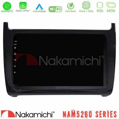 Nakamichi NAM5260 Series 4Core Android12 4+64GB Vw Polo 2009-2014 Navigation Multimedia Tablet 9" Με Carplay & Android Auto
