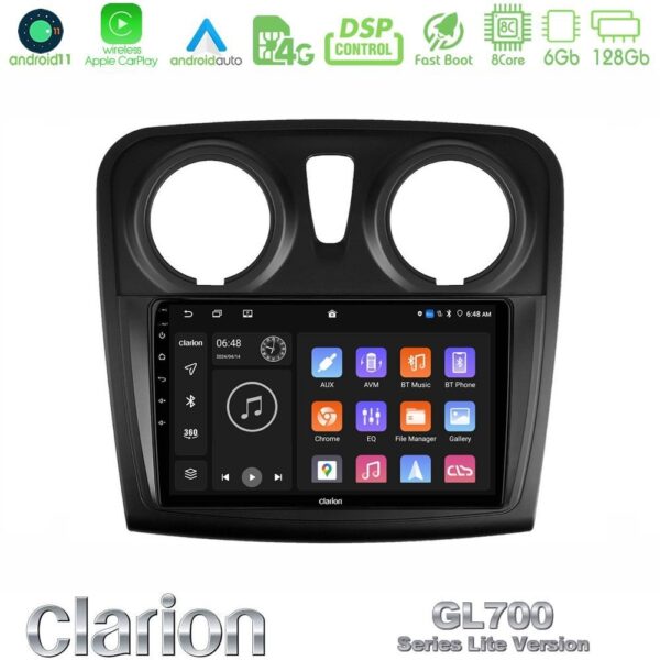 Clarion GL700 Lite Series 8Core Android11 6+128GB Dacia Dokker Navigation Multimedia Tablet 9" Με Carplay & Android Auto