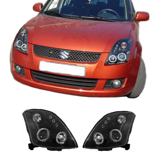 All in Point Μπροστινά Φανάρια Set Για Suzuki Swift 05-10 Angel Eyes & Led Μαύρα H1/H1 Manual JunYan 0004096
