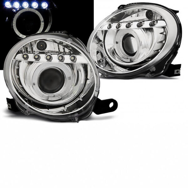 All in Point Μπροστινά Φανάρια Set Για Fiat 500 07-15 Angel Eyes & Led H1 Χρωμίου Με Μοτέρ JunYan 0005068