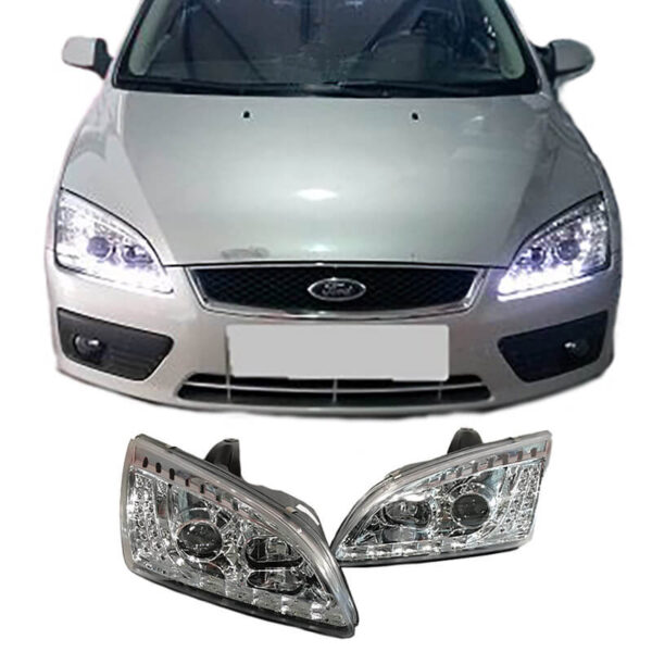 All in Point Μπροστινά Φανάρια Set Για Ford Focus 04-08 DRL & Led Φλας Χρωμίου H1/H1 JunYan 0005076