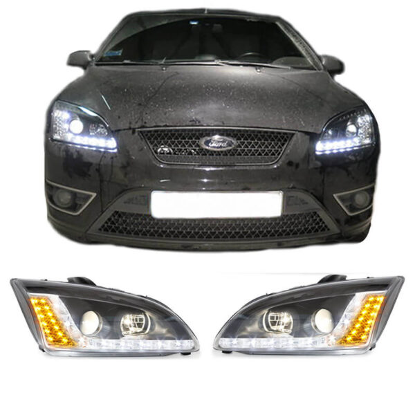 All in Point Μπροστινά Φανάρια Set Για Ford Focus 04-08 DRL & Led Φλας Μαύρα H1/H1 JunYan 0005077