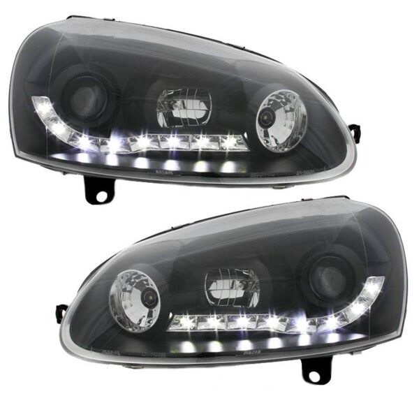 All in Point Μπροστινά Φανάρια Set Για Vw Golf V (5) 03-08 DRL Μαύρα H1/H1 Με Μοτέρ JunYan 0005093