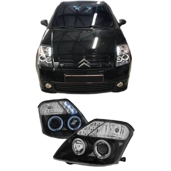 All in Point Μπροστινά Φανάρια Set Για Citroen C2 04-10 Angel Eyes & Led Μαύρα H1/H1 Manual JunYan 0008661