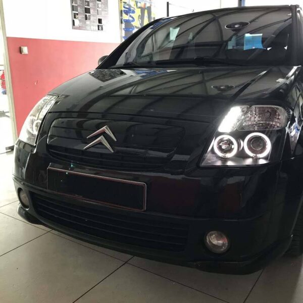 Μπροστινά Φανάρια Set Για Citroen C2 04-10 Angel Eyes & Led Μαύρα H1/H1 Manual JunYan - Image 4