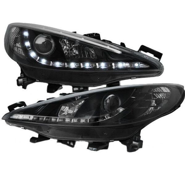 Μπροστινά Φανάρια Set Για Peugeot 207 06-12 DRL Μαύρα H7/H1 Με Μοτέρ Sonar - Image 2