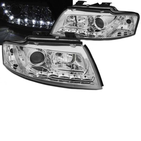 All in Point Μπροστινά Φανάρια Set Για Audi A4 B6 Cabrio 02-04 DRL Χρωμίου H1/H1 Με Μοτέρ Junyan 0009226