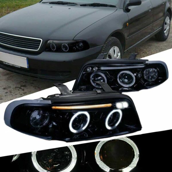 All in Point Μπροστινά Φανάρια Set Για Audi A4 B5 94-98 Angel Eyes & Led Μαύρα H1/H1 Junyan 0011975