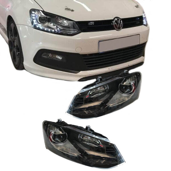 All in Point Μπροστινά Φανάρια Set Για Vw Polo 6R/ 6C 09-17 DRL GTI R-Look Μαύρα Με Ασημί Γραμμή H7/H7 Με Μοτέρ Carner 0019494