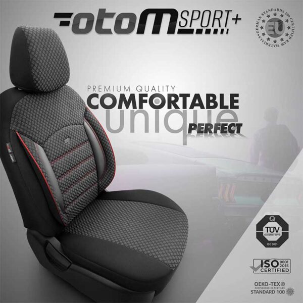Καλύμματα Αυτοκινήτου Otom Sport Plus Design Universal Βαμβακερό Ύφασμα / Rachel / Δερματίνη Σετ Εμπρός / Πίσω 11 Τεμαχίων Μαύρο Με Κόκκινο Κέντημα SPTPLS-102 - Image 6