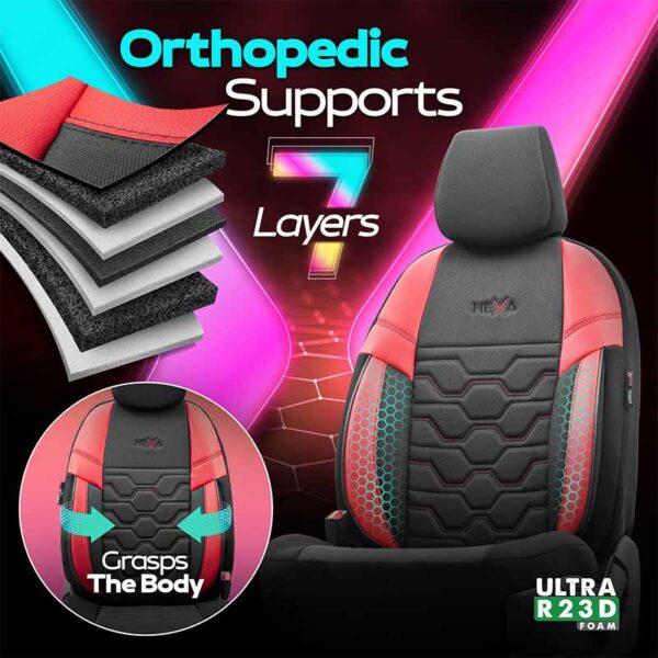 Καλύμματα Αυτοκινήτου Otom Hexa Design Universal Jacquard / Rachel / Δερματίνη Σετ Εμπρός / Πίσω 11 Τεμαχίων Μαύρο - Κόκκινο HEX-2801 - Image 3