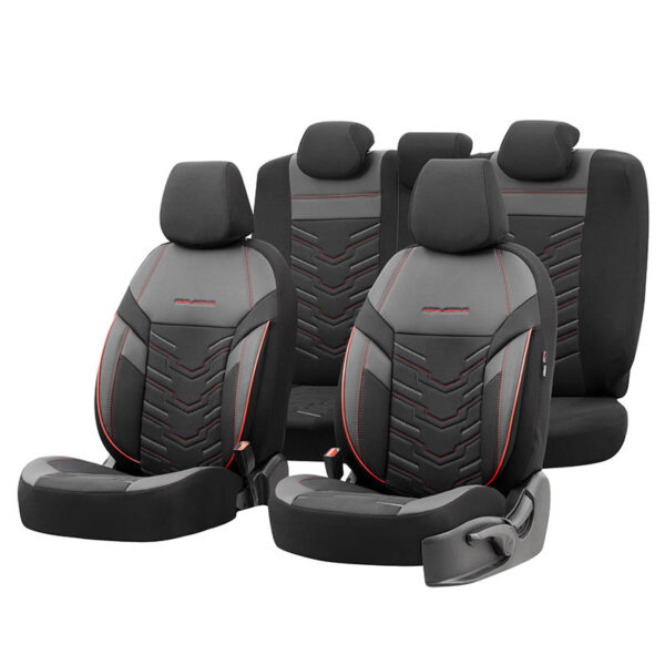 All in Point Καλύμματα Αυτοκινήτου Otom Reflective Design Universal Jacquard / Rachel / Δερματίνη Σετ Εμπρός / Πίσω 11 Τεμαχίων Μαύρο Με Κόκκινη Ραφή RFL-2601 0027098