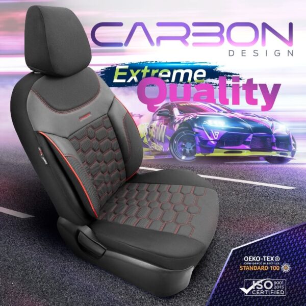 Καλύμματα Αυτοκινήτου Carbon Design Universal Jacquard / Rachel / Δερματίνη Σετ Εμπρός / Πίσω 11 Τεμαχίων Μαύρο - Κόκκινο CRB-3402 - Image 3