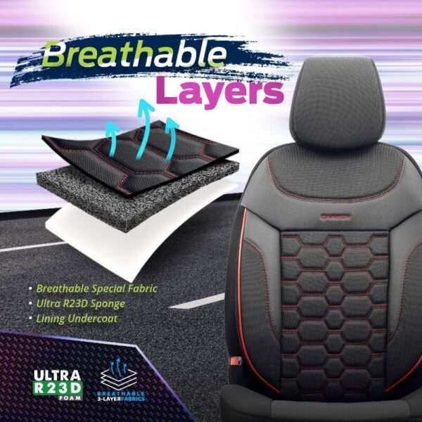 Καλύμματα Αυτοκινήτου Carbon Design Universal Jacquard / Rachel / Δερματίνη Σετ Εμπρός / Πίσω 11 Τεμαχίων Μαύρο - Κόκκινο CRB-3402 - Image 5