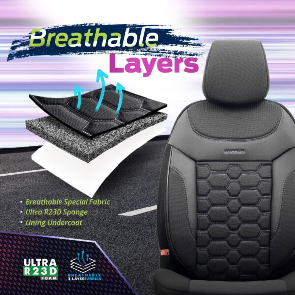 Καλύμματα Αυτοκινήτου Carbon Design Universal Jacquard / Rachel / Δερματίνη Σετ Εμπρός / Πίσω 11 Τεμαχίων Μαύρο - Γκρι CRB-3401 - Image 6