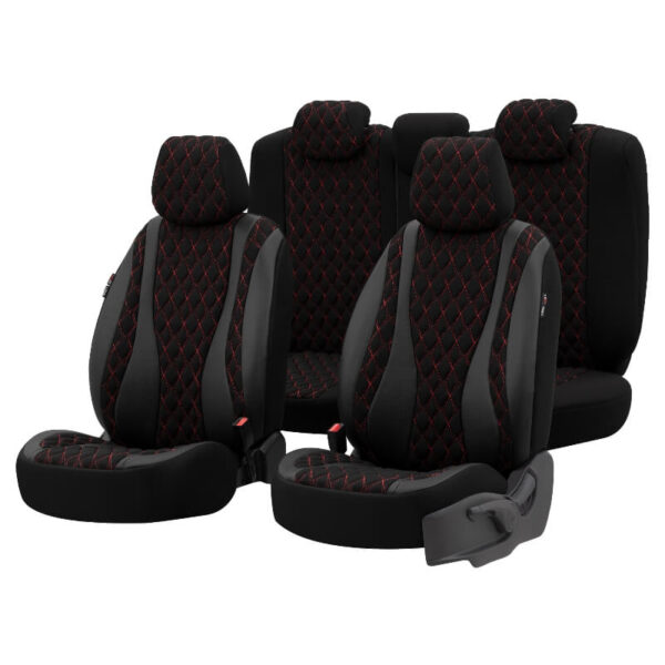 All in Point Καλύμματα Αυτοκινήτου Otom Emperor Design Universal Sued / Rachel / Δερματίνη Καπιτονέ Σετ Εμπρός / Πίσω 11 Τεμαχίων Μαύρο Με Κόκκινο Κέντημα EMP-601 0027656