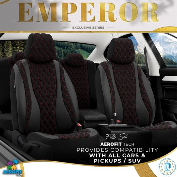 Καλύμματα Αυτοκινήτου Otom Emperor Design Universal Sued / Rachel / Δερματίνη Καπιτονέ Σετ Εμπρός / Πίσω 11 Τεμαχίων Μαύρο Με Κόκκινο Κέντημα EMP-601 - Image 4