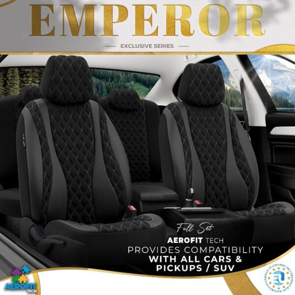 Καλύμματα Αυτοκινήτου Otom Emperor Design Universal Sued / Rachel / Δερματίνη Καπιτονέ Σετ Εμπρός / Πίσω 11 Τεμαχίων Μαύρο Με Γκρι Κέντημα EMP-602 - Image 4