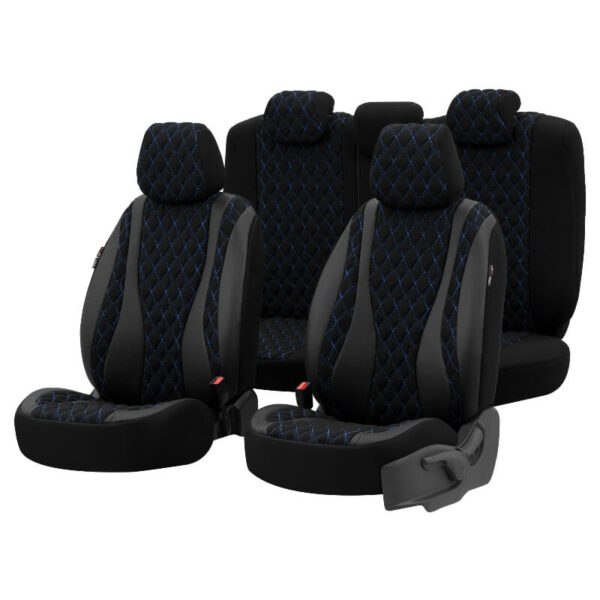 All in Point Καλύμματα Αυτοκινήτου Otom Emperor Design Universal Sued / Rachel / Δερματίνη Καπιτονέ Σετ Εμπρός / Πίσω 11 Τεμαχίων Μαύρο Με Μπλε Κέντημα EMP-603 0027658